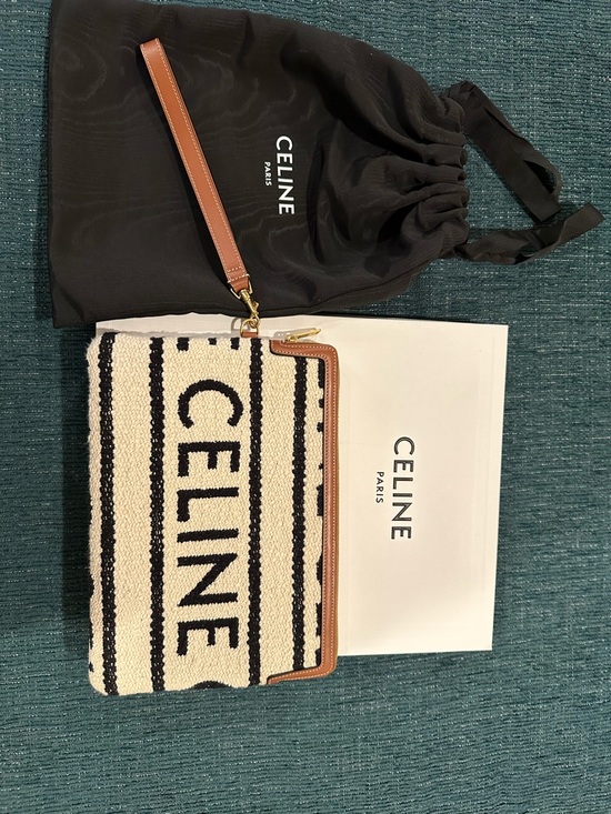 Celine Handbags - Celine Black and Cream Striped Canvas Wristlet with Tan Trim